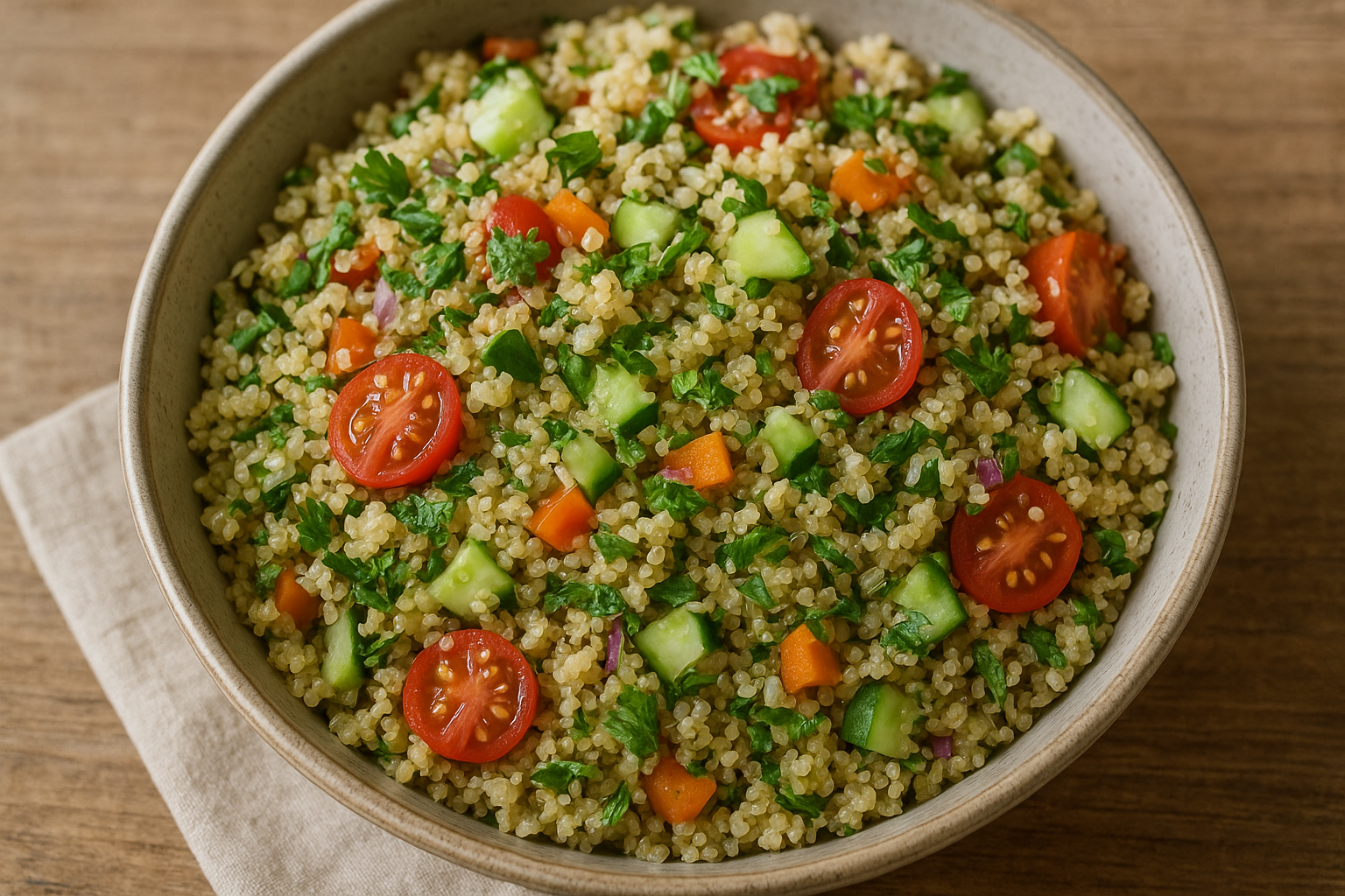 سلطة الكينوا بالخضروات (وصفة صحية ولذيذة)