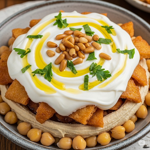 فتة حمص سورية أصلية (باللبن والثوم والصنوبر)